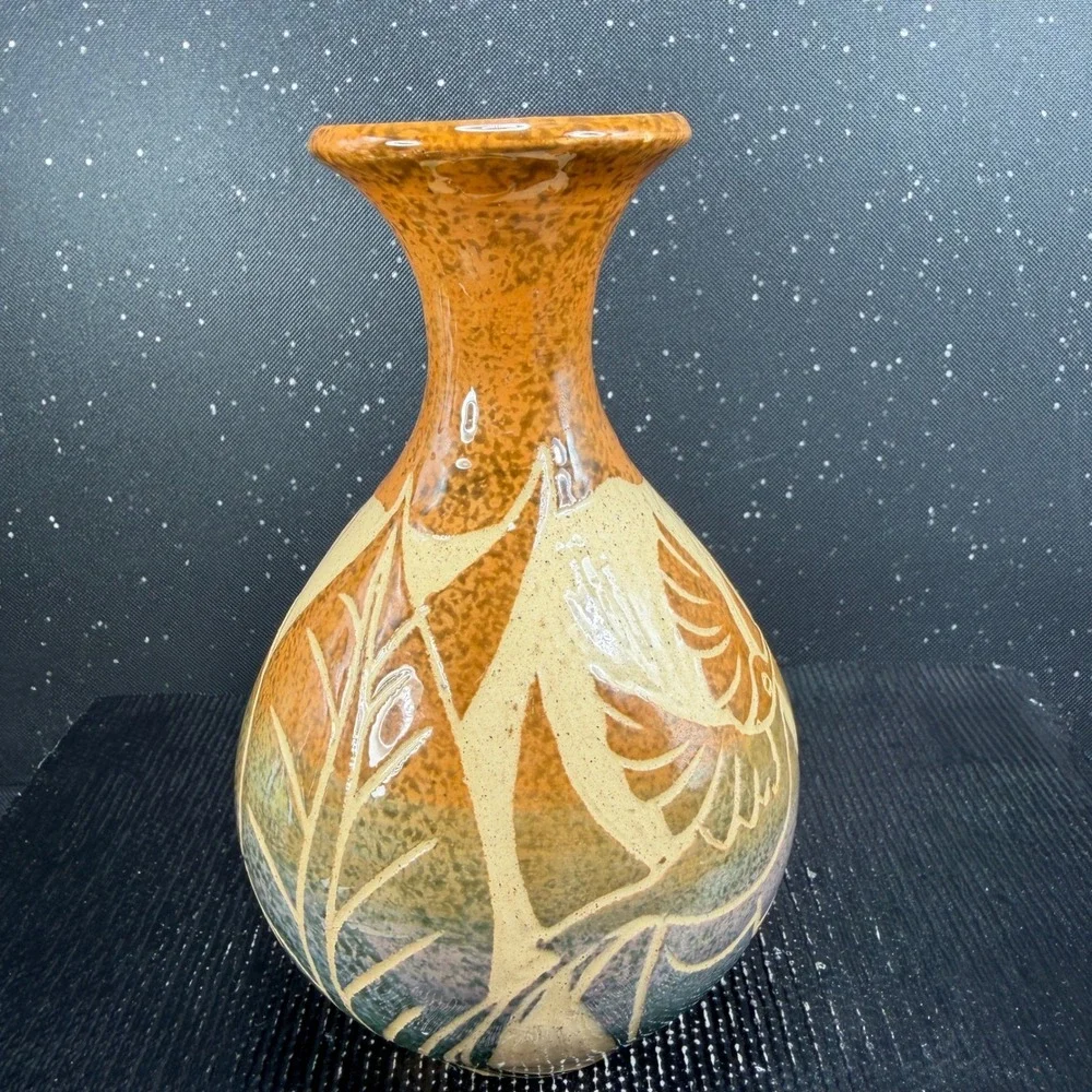 Frazer Signed Sgraffito Hummingbird Art Pottery Vase Ochre Green Purple 6 Inch